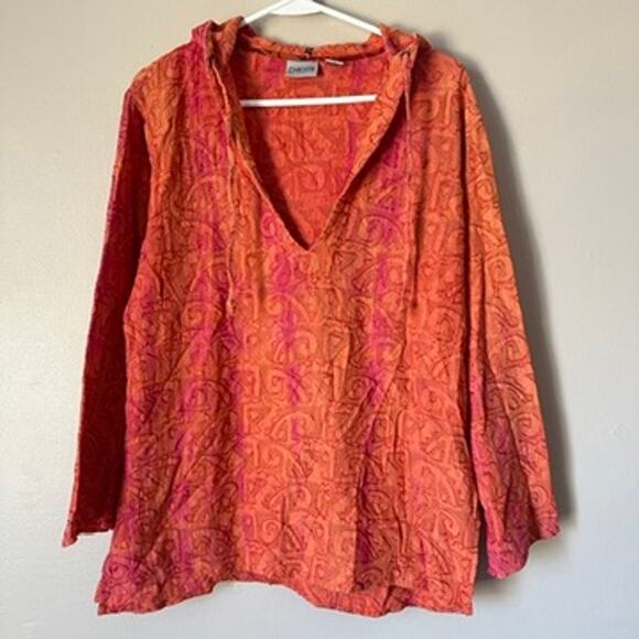 Chico's Tops - Chicos Hoodie Shirt Womens SMALL Boho Orange V-Neck Embroidered Long Sleeve